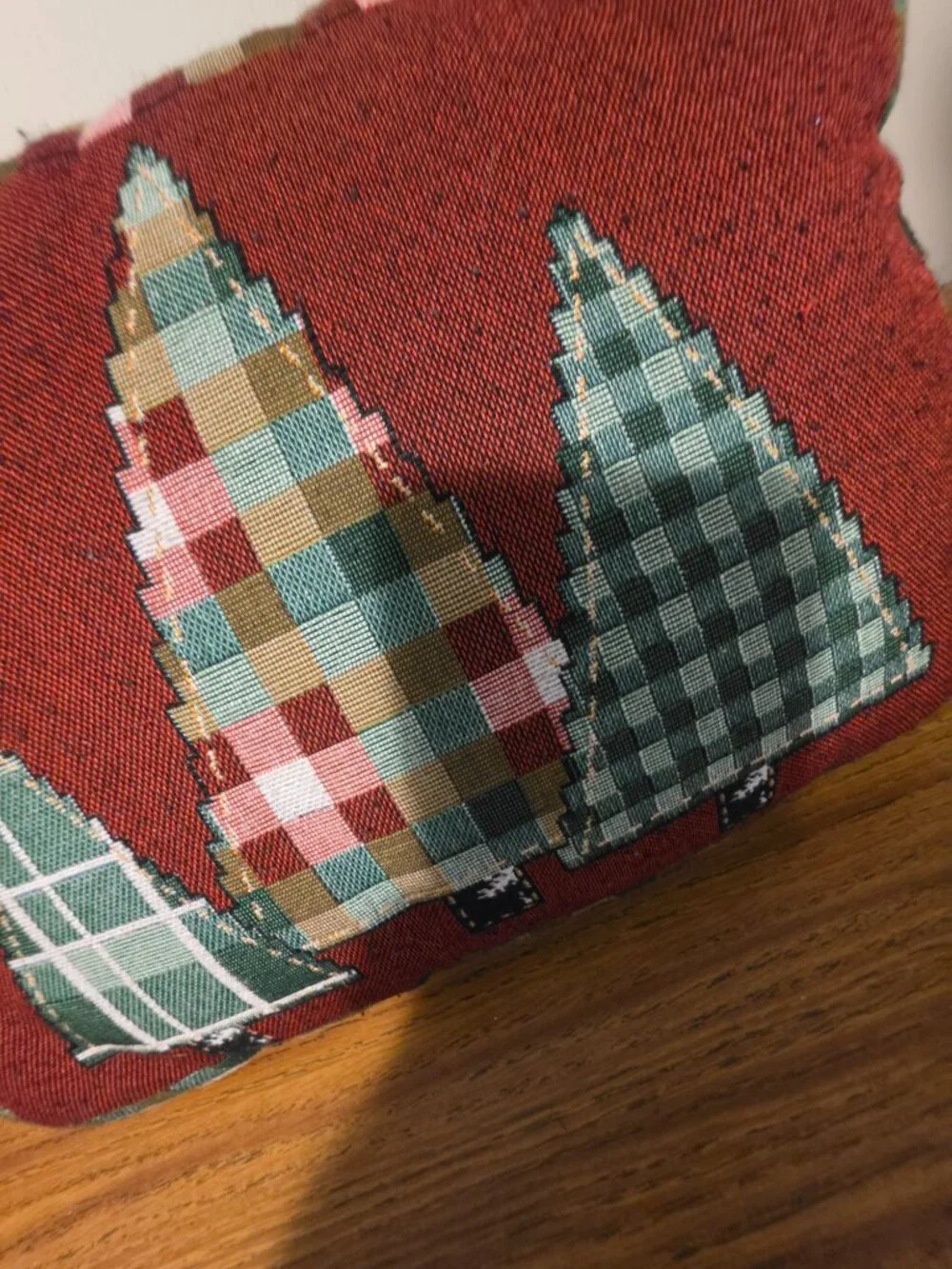 Vintage Christmas Trees Tapestry Throw Pillow Plaid Gingham Check Accent 15x11